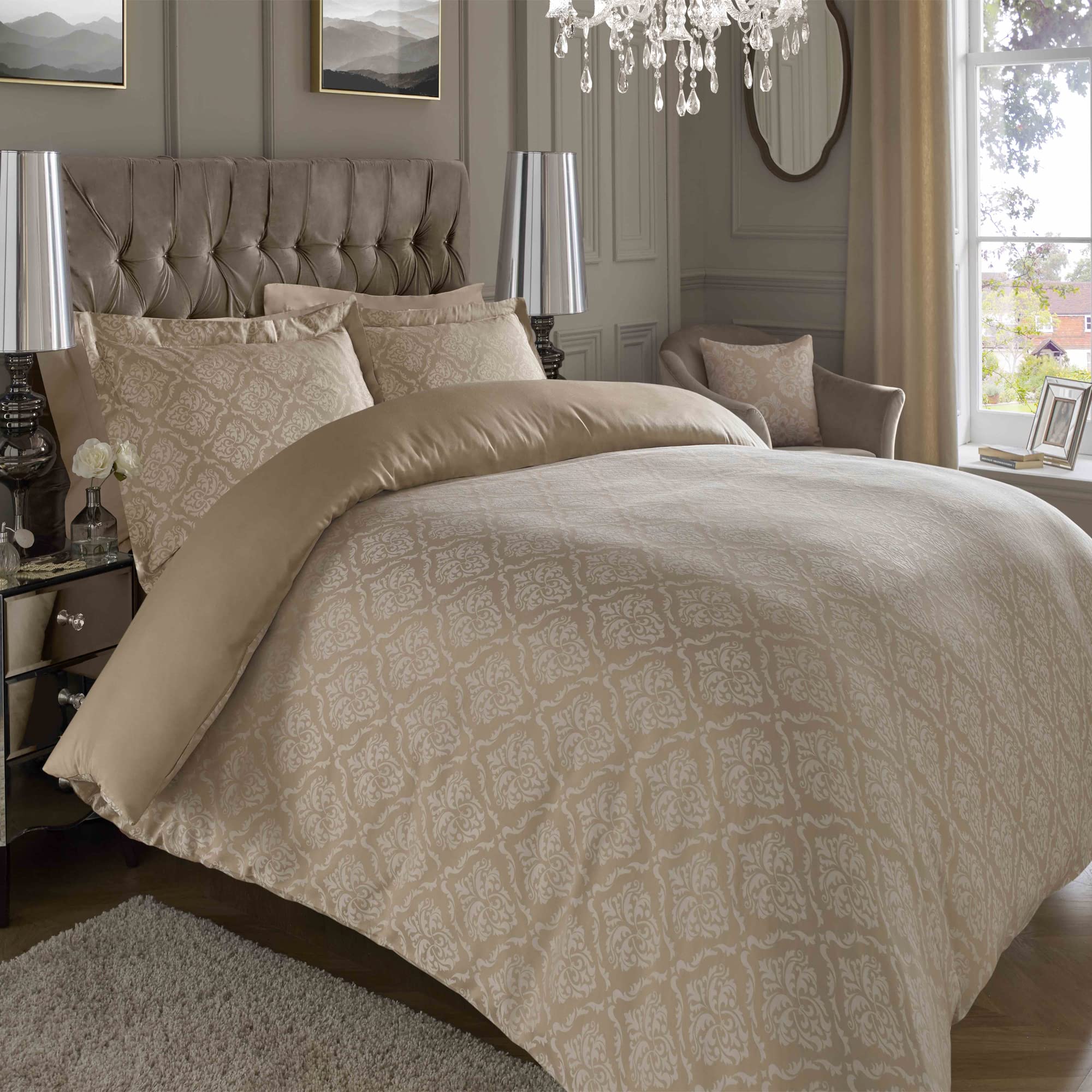 ED Luxury 600 Thread Count Jacquard Duvet Cover 3 Piece Set | Super Soft Cotton Rich & Warm Bedding | Damask Pattern Quilt Cover (Super King, Natural Ornamental)