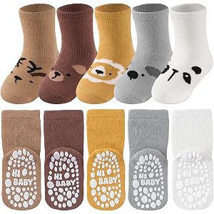 SukModen Toddler Grip Socks, 5 Pairs, Cotton Crew for Baby Boys & Girls | 80% cotton blend feels soft and breathable; dense s
