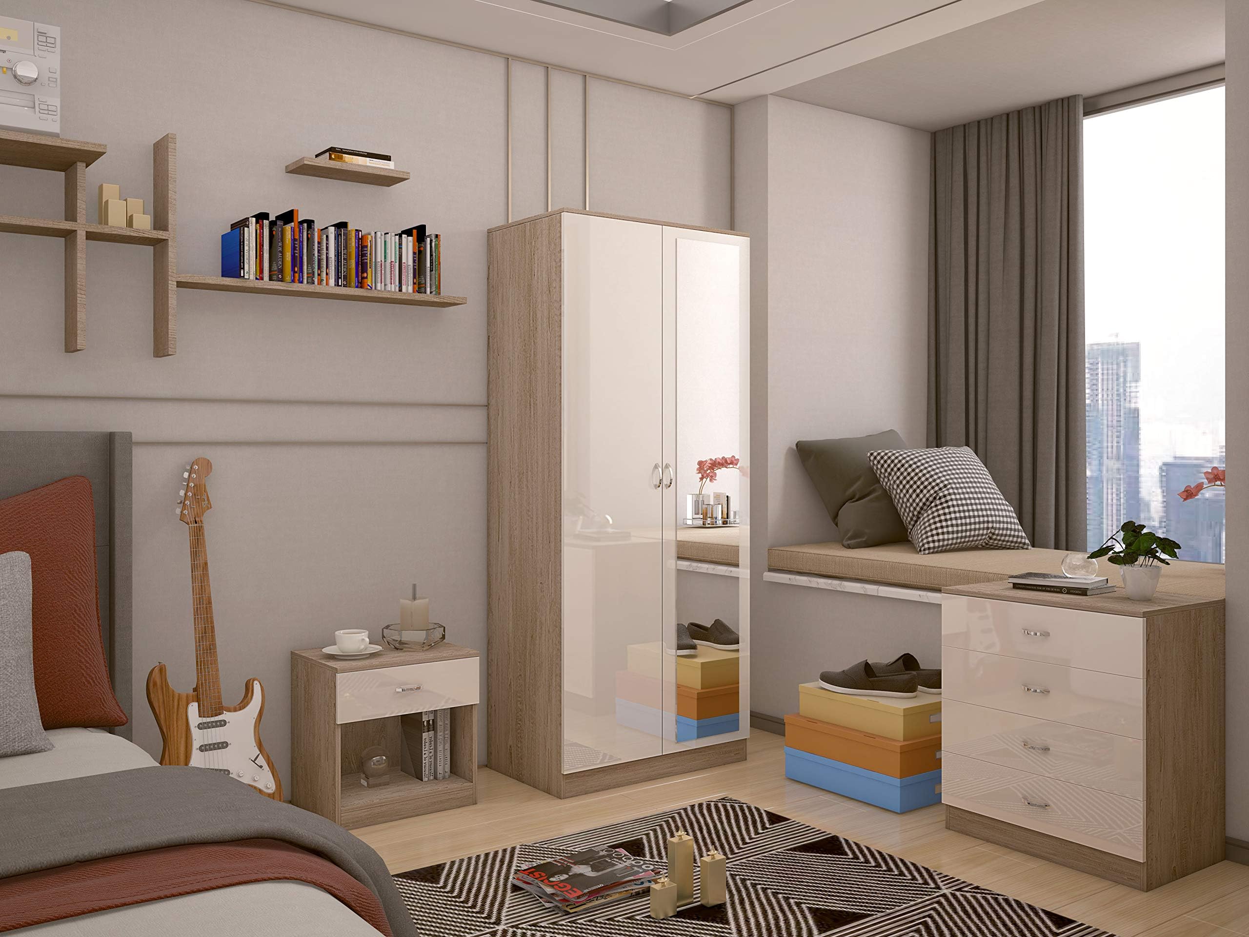 Harmin Ltd Mirrored High Gloss 3 Piece Bedroom Furniture Set - Soft Close Wardrobe, 4 Drawer Chest, Bedside Cabinet (Cream on Oak)