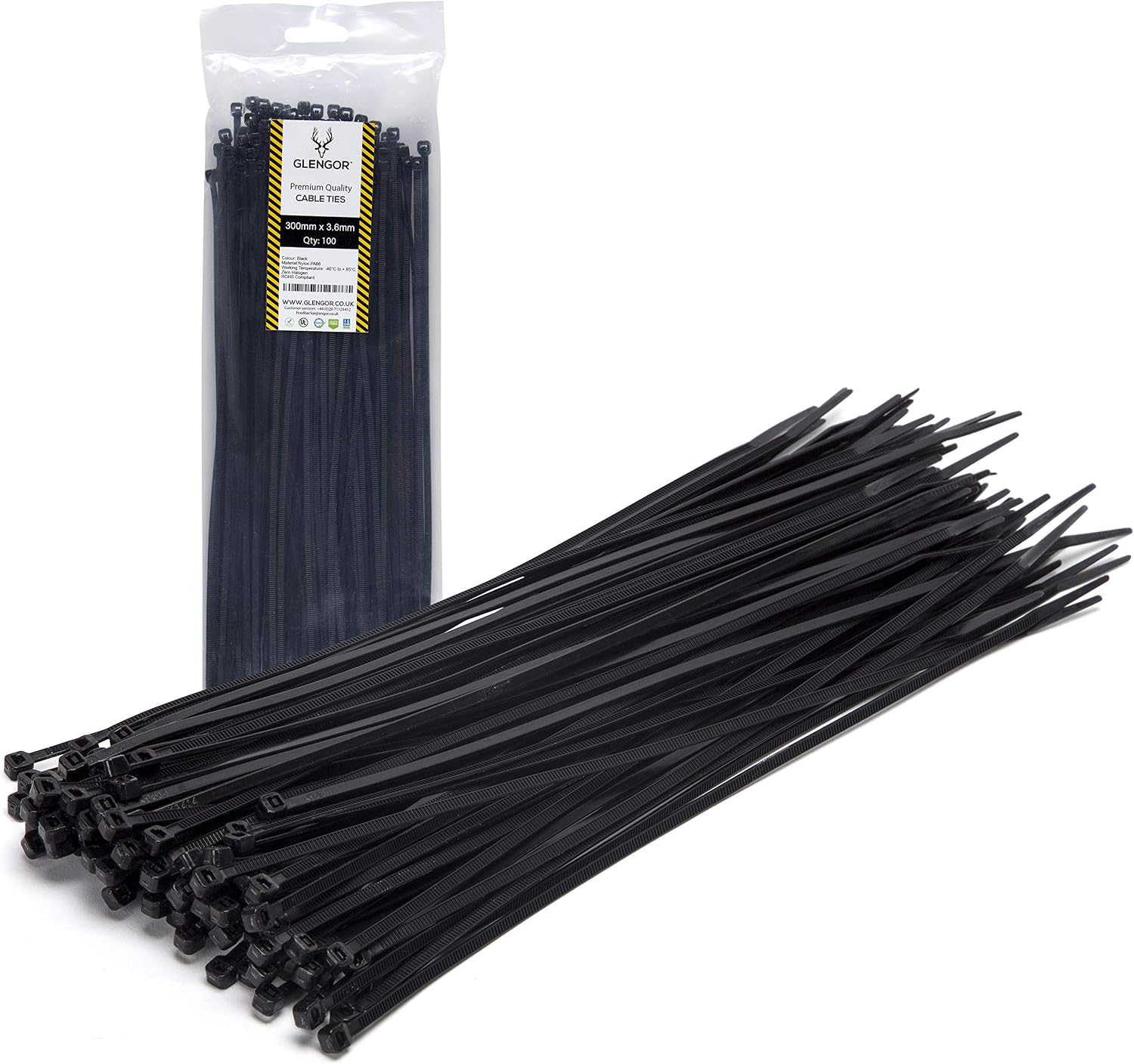 Glengor Black Cable Ties - Pack of 100, 3.6mm x 300mm (100pcs)
