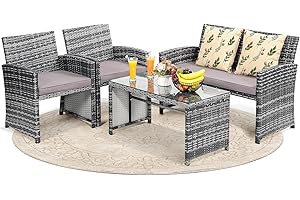KROFEM 4 Piece Rattan Patio Furniture Set, Outside Sectional with 2 Chairs, Sofa, and Coffee Table, UV Resistant Wicker Grey Frame with Light Grey Washable Overstuffed Cushions
