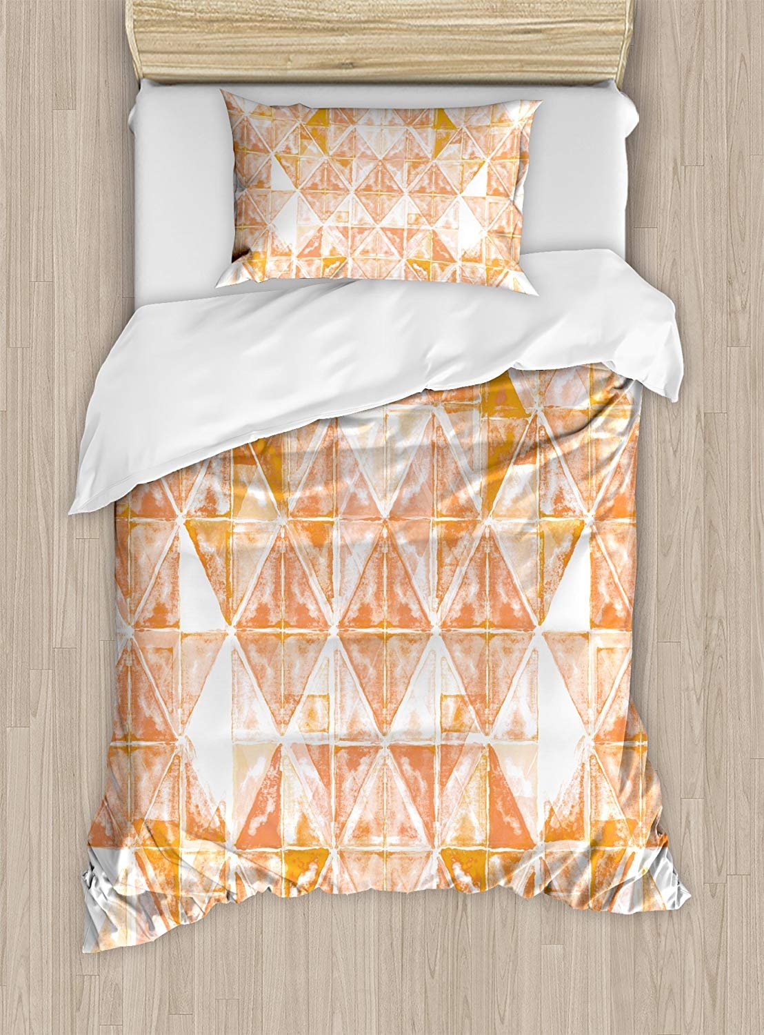 Twin XL Extra Long Bedding Set,Coral Duvet Cover Set,Raster Based Pattern with Watercolor Triangular Grid Hand Drawn Geometric,1 Comforter Cover 1 Bed Sheets 2 Pillow Cases,Coral Orange White
