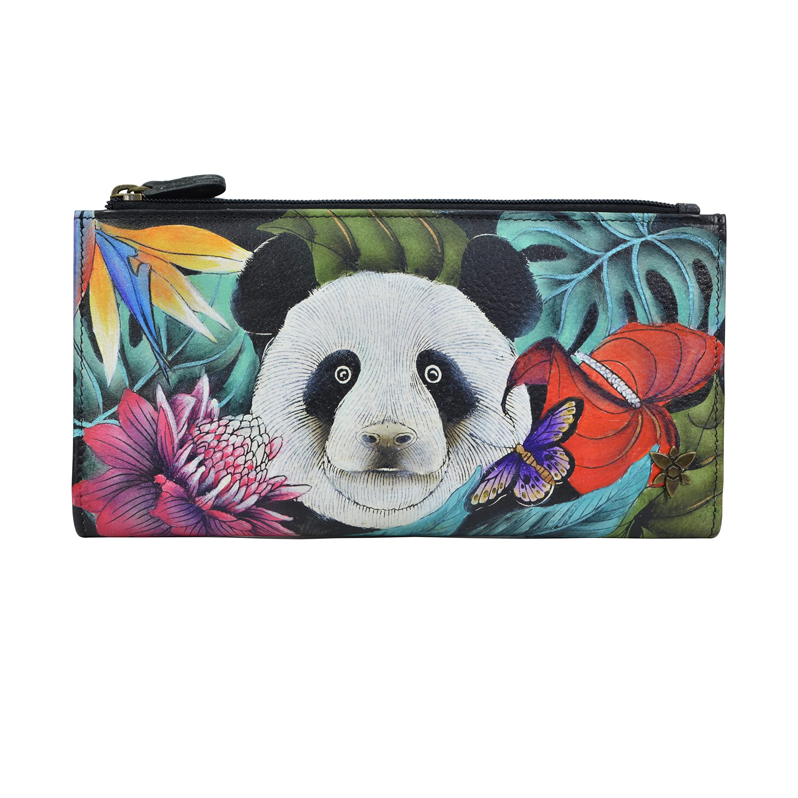 Anuschka Women's Original Hand-Painted Genuine Leather Two Fold RFID Wallet - Happy Panda