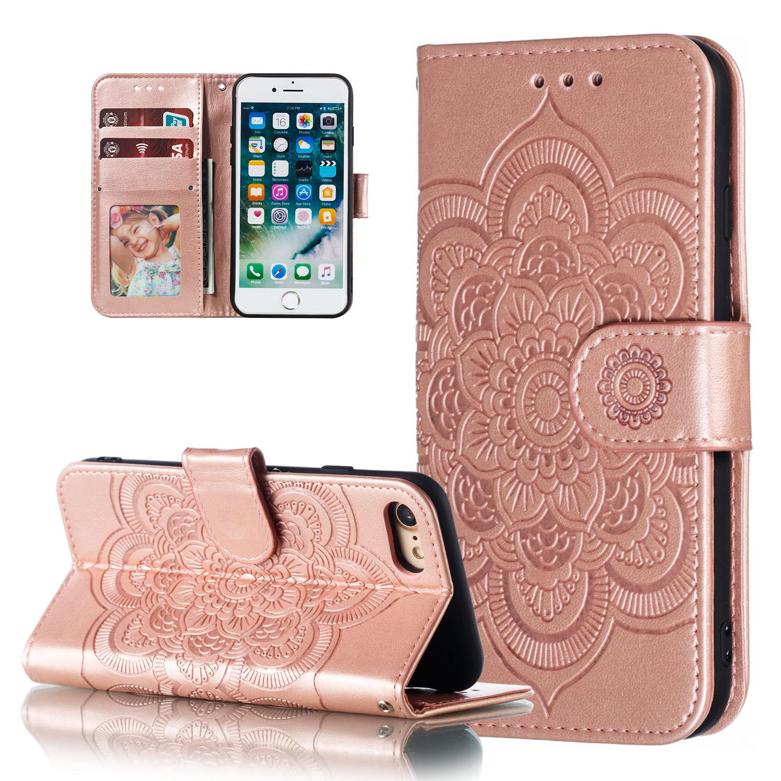 EYZUTAK Case for iPhone XR, Premium Flip Wallet Phone Case PU Leather Mandala Embossed Design Shockproof Cover with Kickstand Card Holder Protective Case - Rose Gold