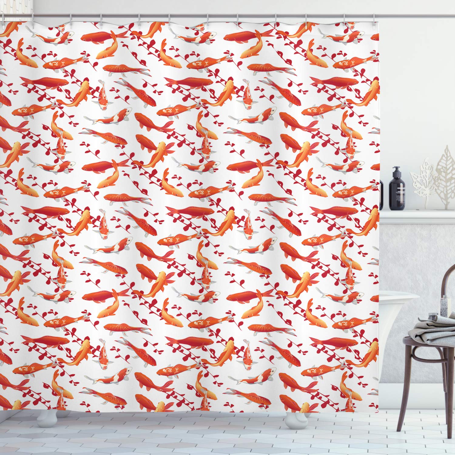 ABAKUHAUS Fish Shower Curtain, Japanese Traditional Aquatic Creatures with Leaves Branches Ornament Abstract Image, Fabric Bathroom Decor Set with Hooks, 78" Inches, Orange White