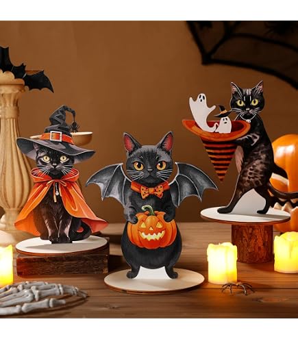 6Pcs Black Cat Halloween Decor Set - Wooden Vintage Table Centerpieces & Tier Tray Decorations