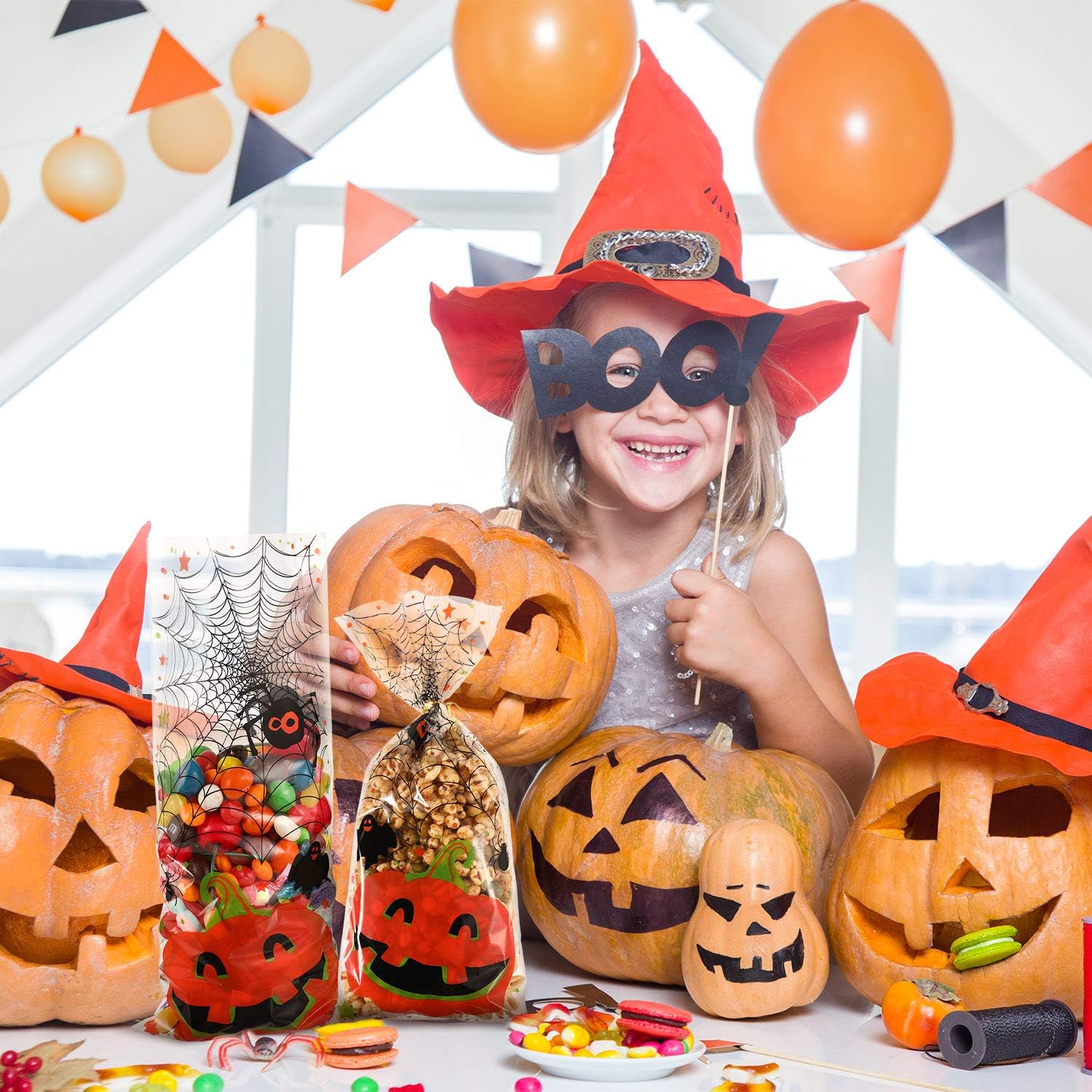 150 Pieces Clear Treat Bags Pumpkin Print Cellophane Bags Bags with 150 Pieces Twist Ties for Party Supplies - Image 4