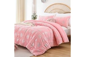 Smoofy Christmas Comforter Set Queen Size Metallic Snowflake Pink Velvet Christmas Bedding Set Gold Printed Pattern Luxury Warm Xmas Winter Comforter Set 3Pcs (1 Comforter, 2 Pillowcases)