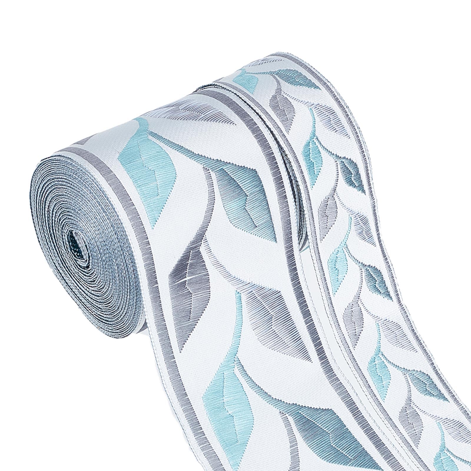 GORGECRAFT 10.9 Yards Embroidery Leaves Ribbon Ivory Jacquard Lace Woven Trim Webbing Flat Vintage Fabric Blue Satin Ribbon for DIY Sewing Strips Cloth Crafts Home Decor 3/6cm Width