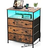 PATAVOT 3 Drawers Dresser with Charging Station, 24 Inch Wide LED Night Stand with Adjustable Fabric Drawer, Nightstand with Storage Shelf for Living Room/Bedroom/Office, Rustic Brown.