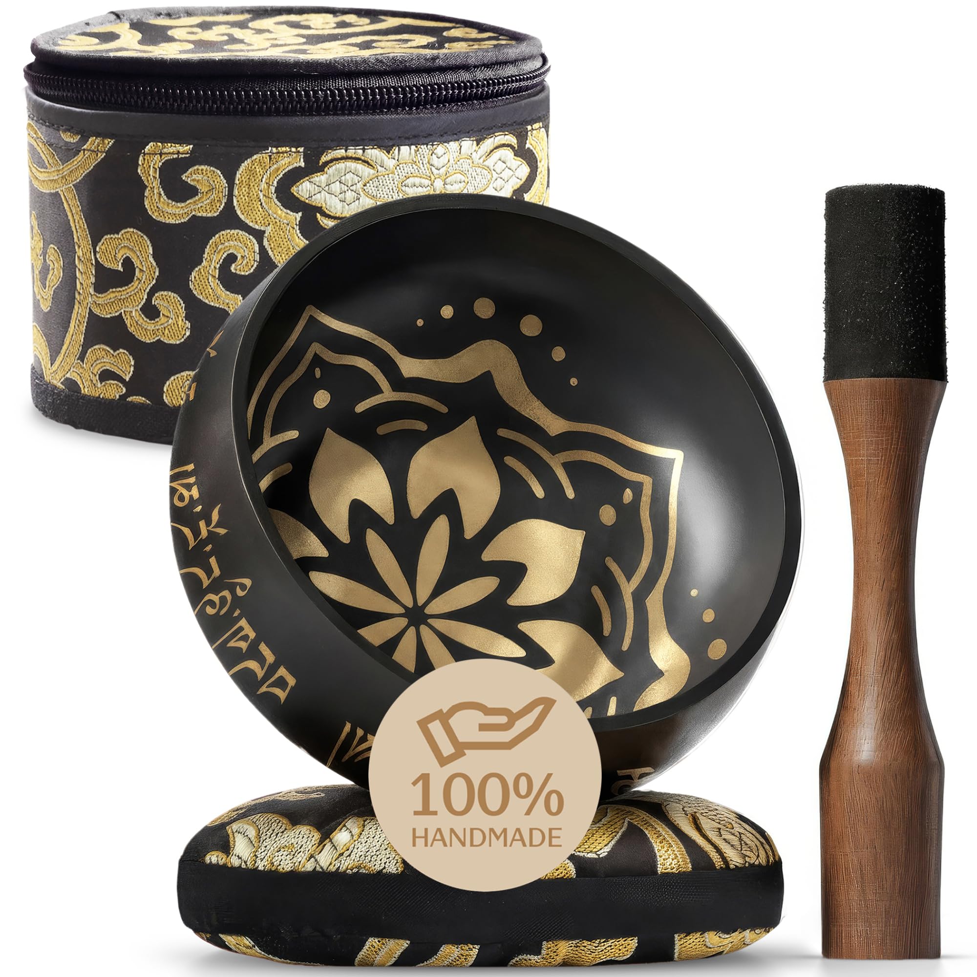 Handmade Tibetan Etched Singing Bowl Set with Case – Meditation Bowl & Sound Bowl with Cushion, Mallet & Guide – Stress Relief Instruments – Yoga Therapy Tools – Mindfulness Gift Set
