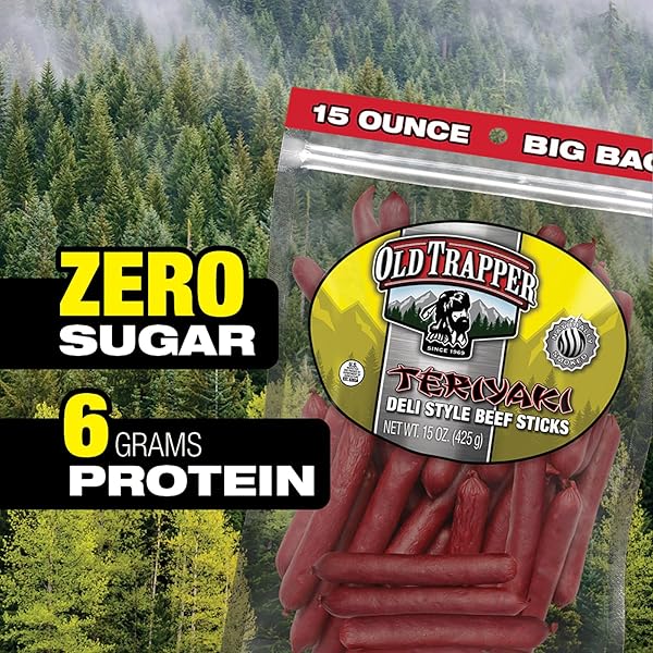 OLD TRAPPER DELI-STYLE BEEF STICKS, TERIYAKI FLAVOR, 15-OUNCE PACKAGE, GREAT FOR ON-THE-GO SNACKING, SIX GRAMS OF PROTEIN AND LESS THAN ONE GRAM OF SUGAR PER SERVING (PACK OF ONE)