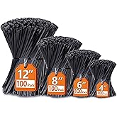 Zip Ties Assorted Sizes(4&rdquo;+6&rdquo;+8&rdquo;+12&rdquo;), 400 Pack, Black Cable Ties, UV Resistant Wire Ties by ANOSON