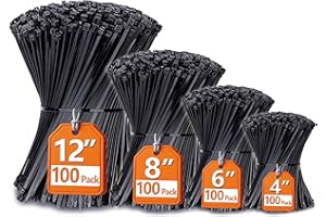 Zip Ties Assorted Sizes(4”+6”+8”+12”), 400 Pack, Black Cable Ties, UV Resistant Wire Ties by ANOSON