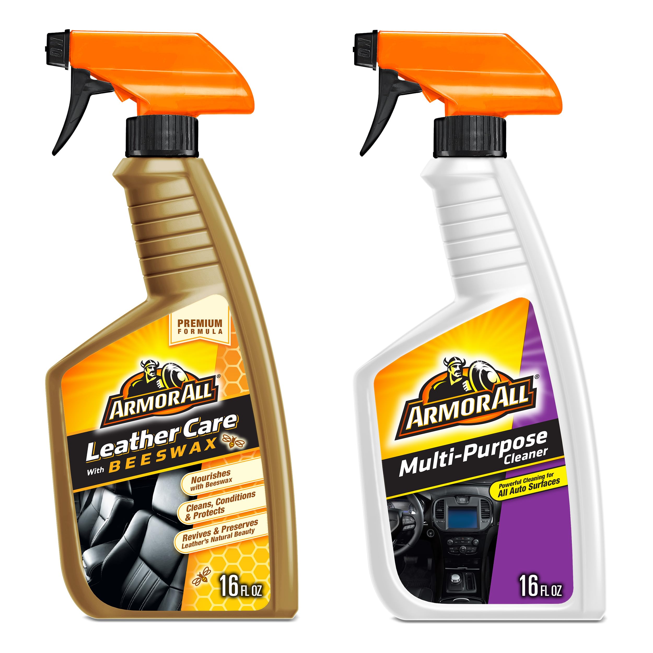 Armor All Car Leather Cleaner Spray, 16 Oz + Multi Purpose Cleaner, Car Cleaner Spray for All Auto Surfaces 16 Fl Oz