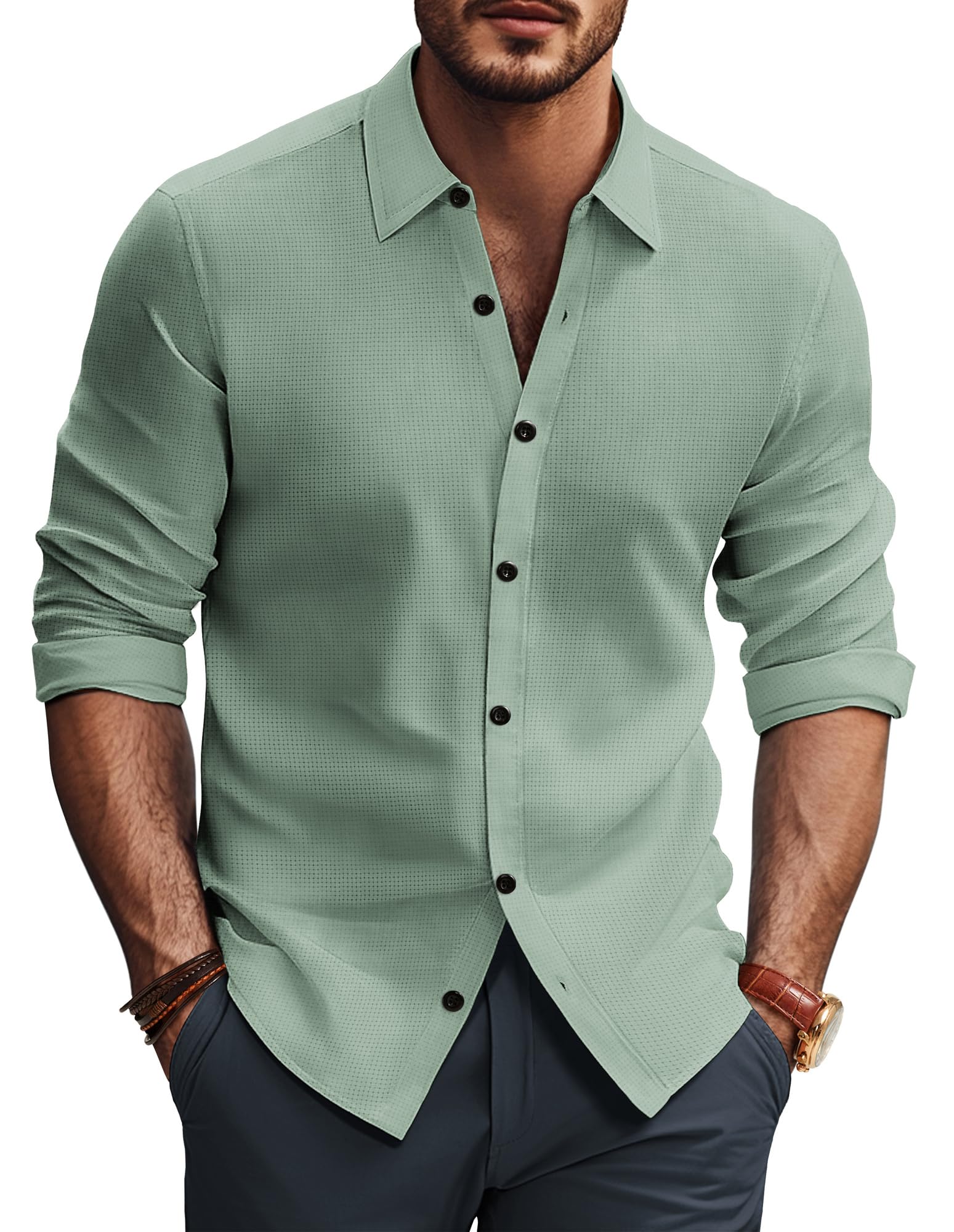 Photo 1 of PJ PAUL JONES Mens Long Sleeve Button Down Shirts Wrinkle Free,Casual Long Sleeve Dress Shirts for Men Untucked Light Green medium 