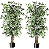 GTIDEA 2 Pcs 6ft Ficus Artificial Trees, Tall Faux Trees Indoor with Natural Trunk and Fake Silk Tree Fake Plants for Home Spring Decor Living Room Outdoor Balcony House Office (Included Dried Moss)