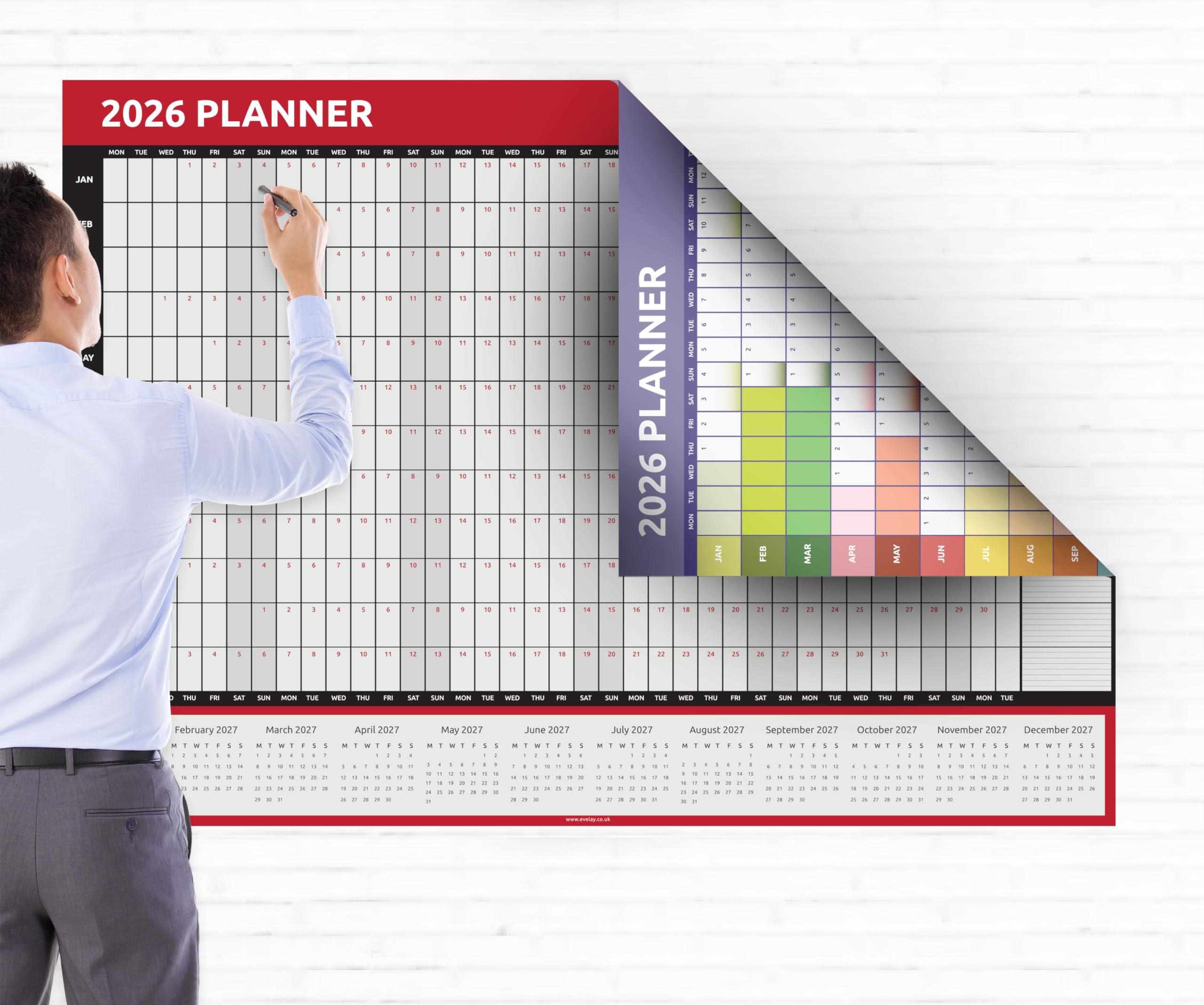 Evelay 2026 Calendar A0 Large Size (84x118CM) Rolled Year Wall Planner Double Sided Red and Rainbow Design on Each Side Full Year for Home Office