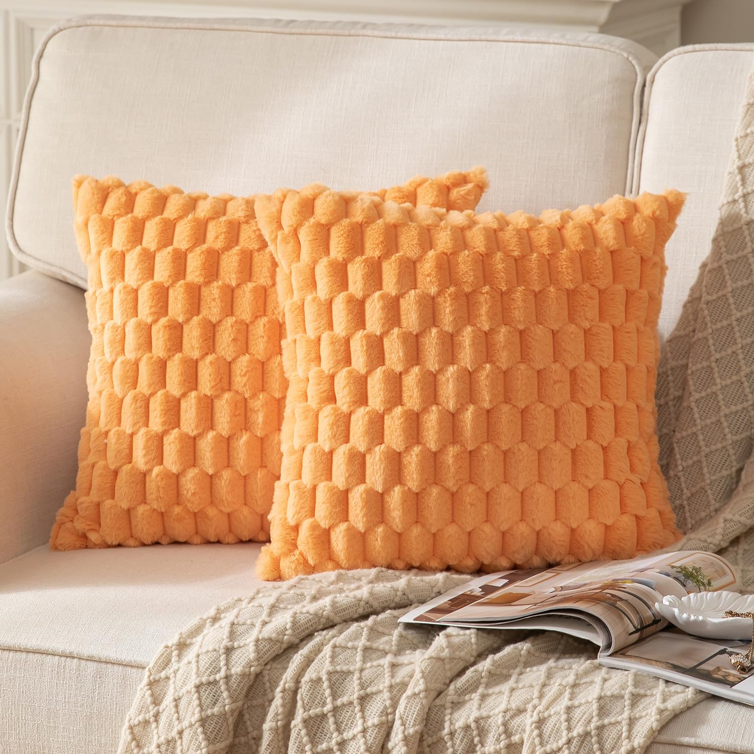 Mandioo Pack of 2 Orange Super Soft Plush Decorative Cushion Covers 16x16 inch 40x40 cm Wool Velvet Throw Pillow Covers cases Faux Fur fluffy Couch Sofa Bed Livingroom