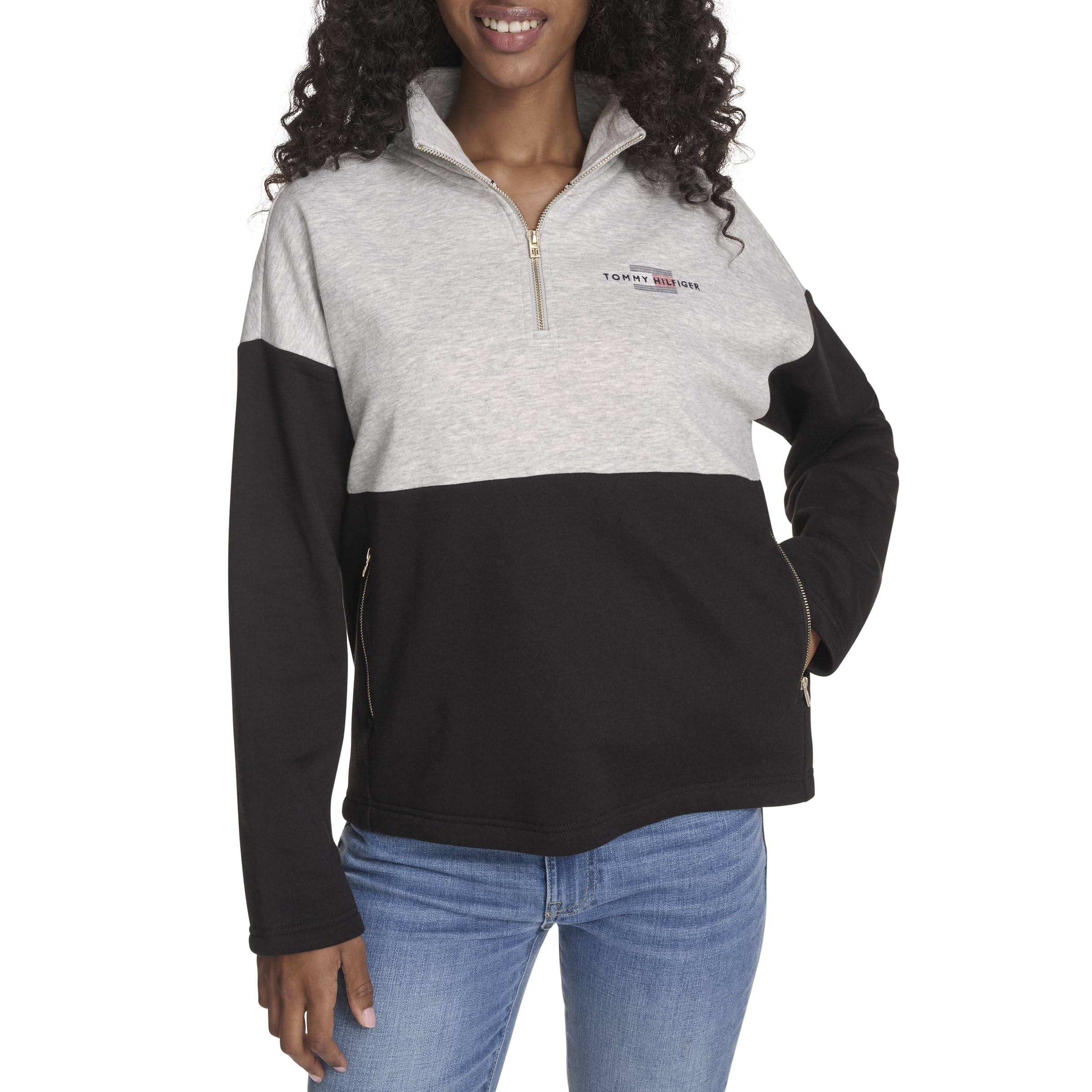 Tommy Hilfiger Women’s Sportswear 1/4 Zip Mockneck Fleece Sweatshirt, Stone Grey Heather/Black, Large