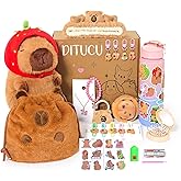 Ditucu Strawberry Capybara Plush Gifts for Girls 4 5 6 7 8 9 10 Years Old with Stuffed Animal/Stickers/Water Bottle/Bag/Coin Purse/Keychains/Hair Accessories/Comb/Necklace/Bracelet Plushies Toys Set