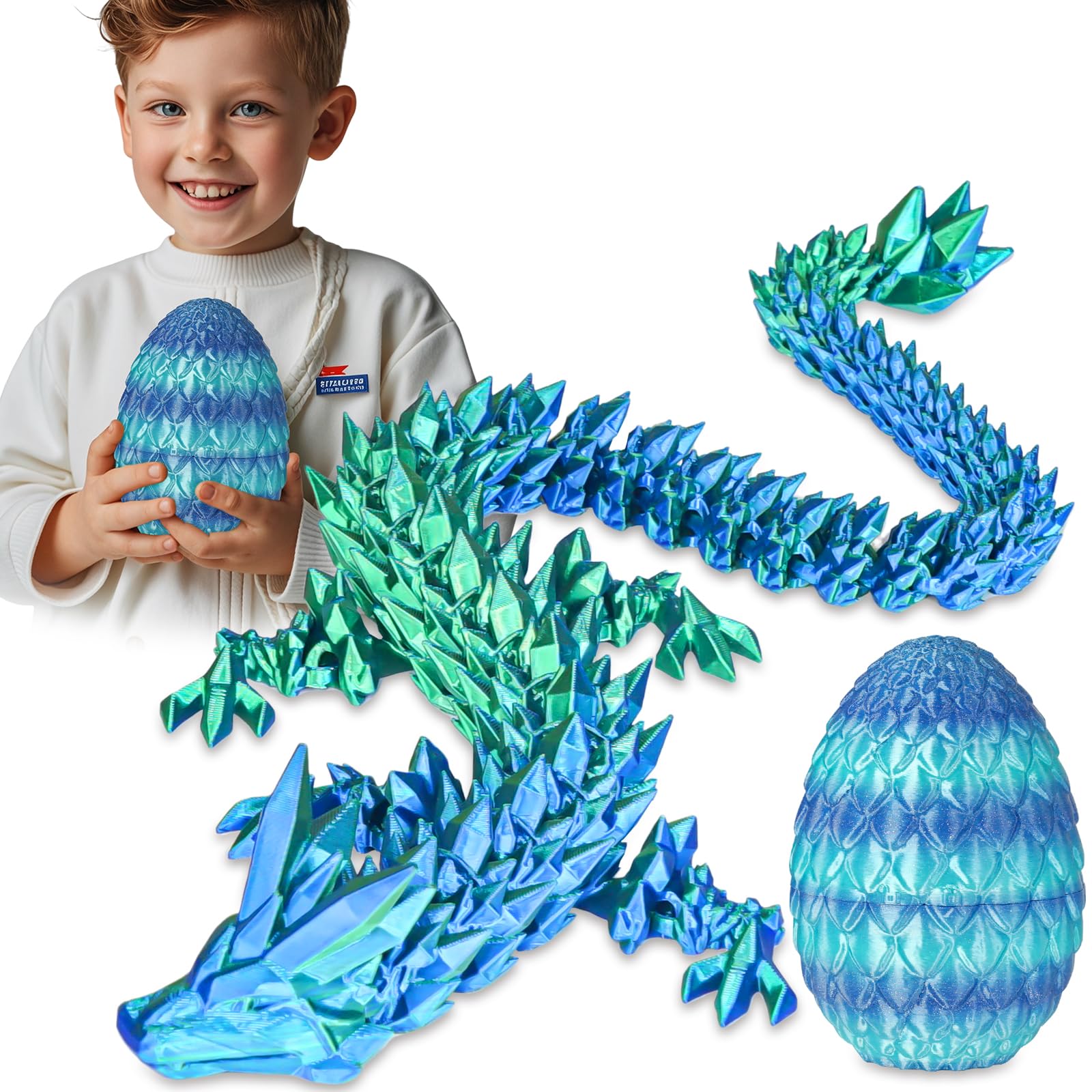 Surprise Dragon Egg with Dragon Inside – Gifts for Kids and Adults, 3D Printed Fidget Toy, Ideal for Christmas, Easter, Birthdays, Fun Desk Décor and Stress Relief(Sea Blue, Large)