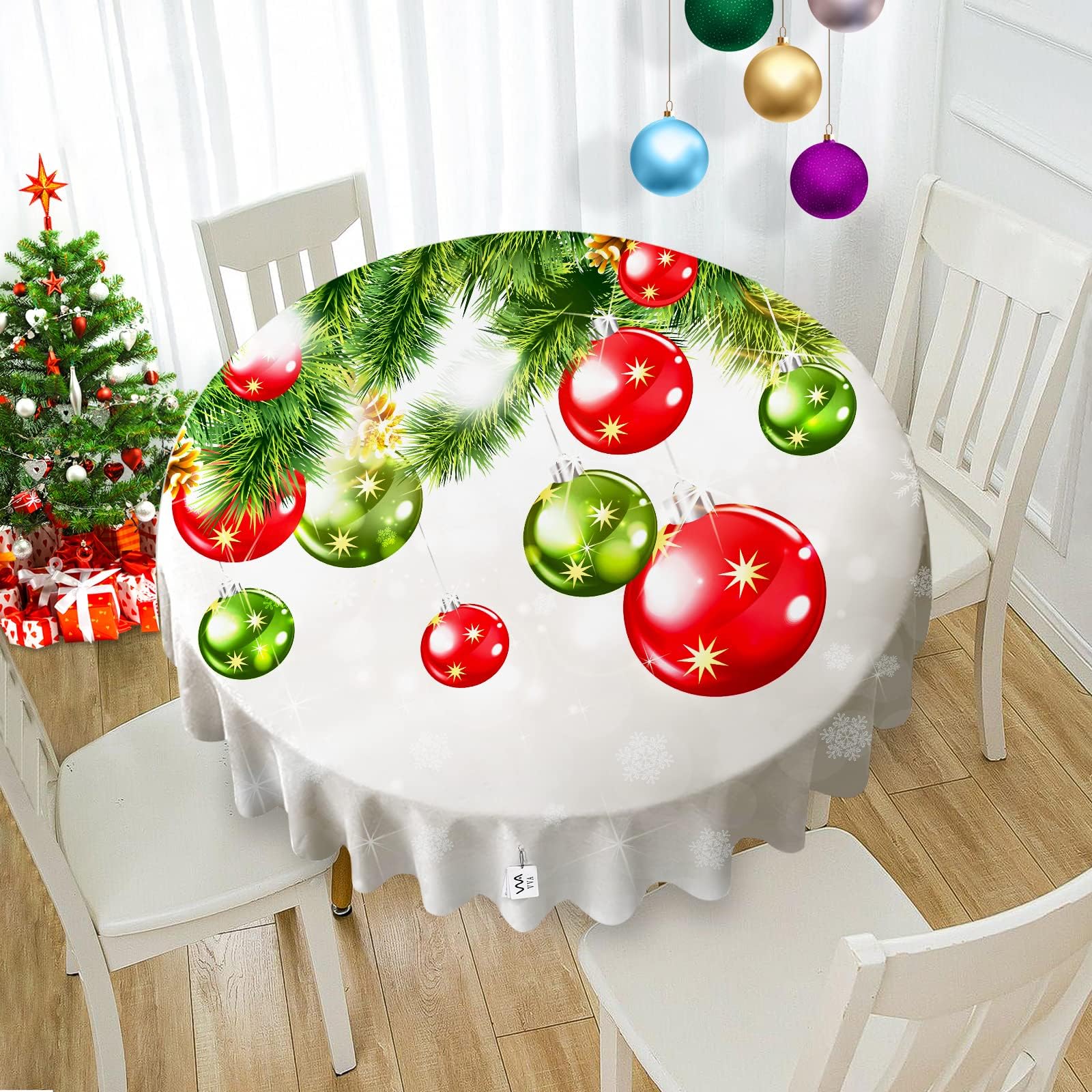 VVA Round Christmas Tablecloth New Year Colorful Xmas Balls Snowflake Baubles Ornaments Circle Tablecloths Christmas Table Cloth Winter Season for Gatherings Holiday Dinner Party 50 Inch