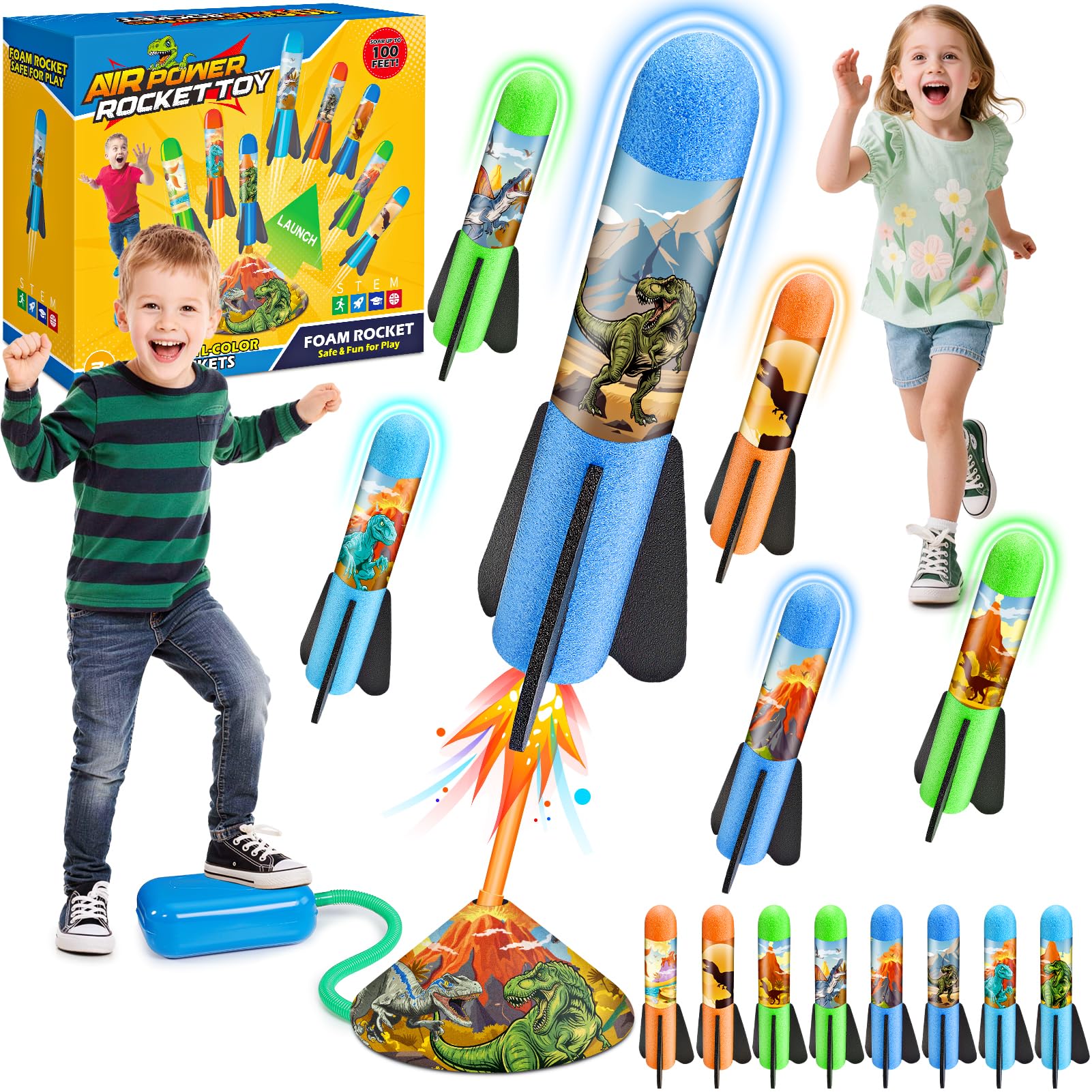 Anginne Dinosaur Toys Rocket Toys for Kids Ages 3-12 - 8 Foam Rockets Outdoor Garden Launcher, Space Toy for Boys Girls with Adjustable Launch Angle, Fun Gift for Backyard Play