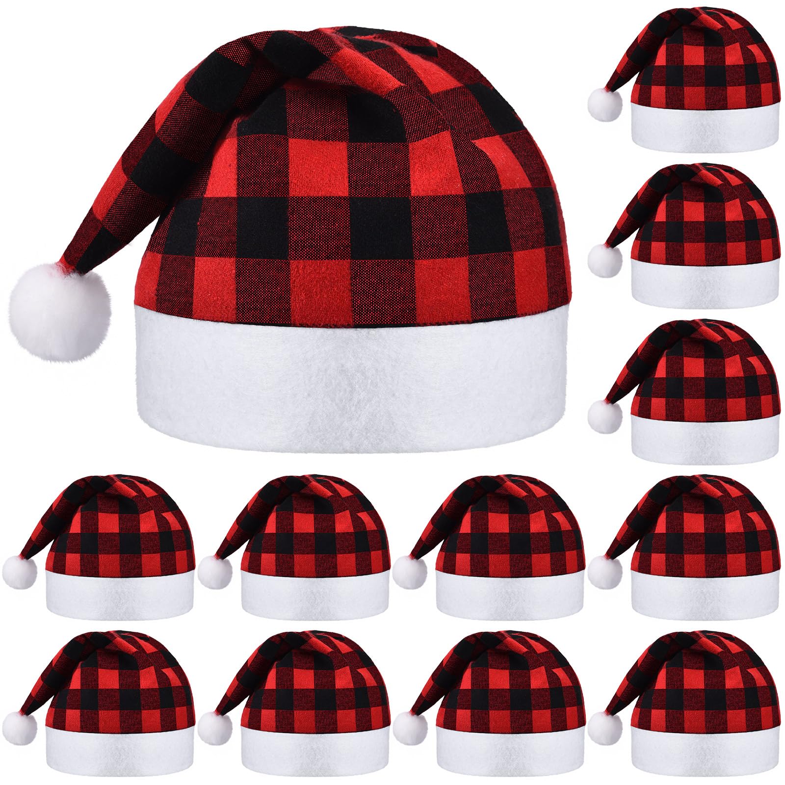12 Pieces Christmas Buffalo Plaid Santa Hats Classic Xmas Non Woven Fabric Hat Santa Plaid Cap for Xmas Holiday Party (Red-Black)