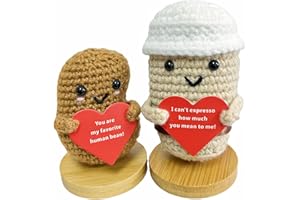 RovyFota Handmade Emotional Support Crochet Coffee Cup&Coffee Bean with Wood Base&Red Heart Card, Crochet Desk Décor,Back to School Gift, Ideas,Gift for Girlfriend/Boyfriend,Desk Buddy,