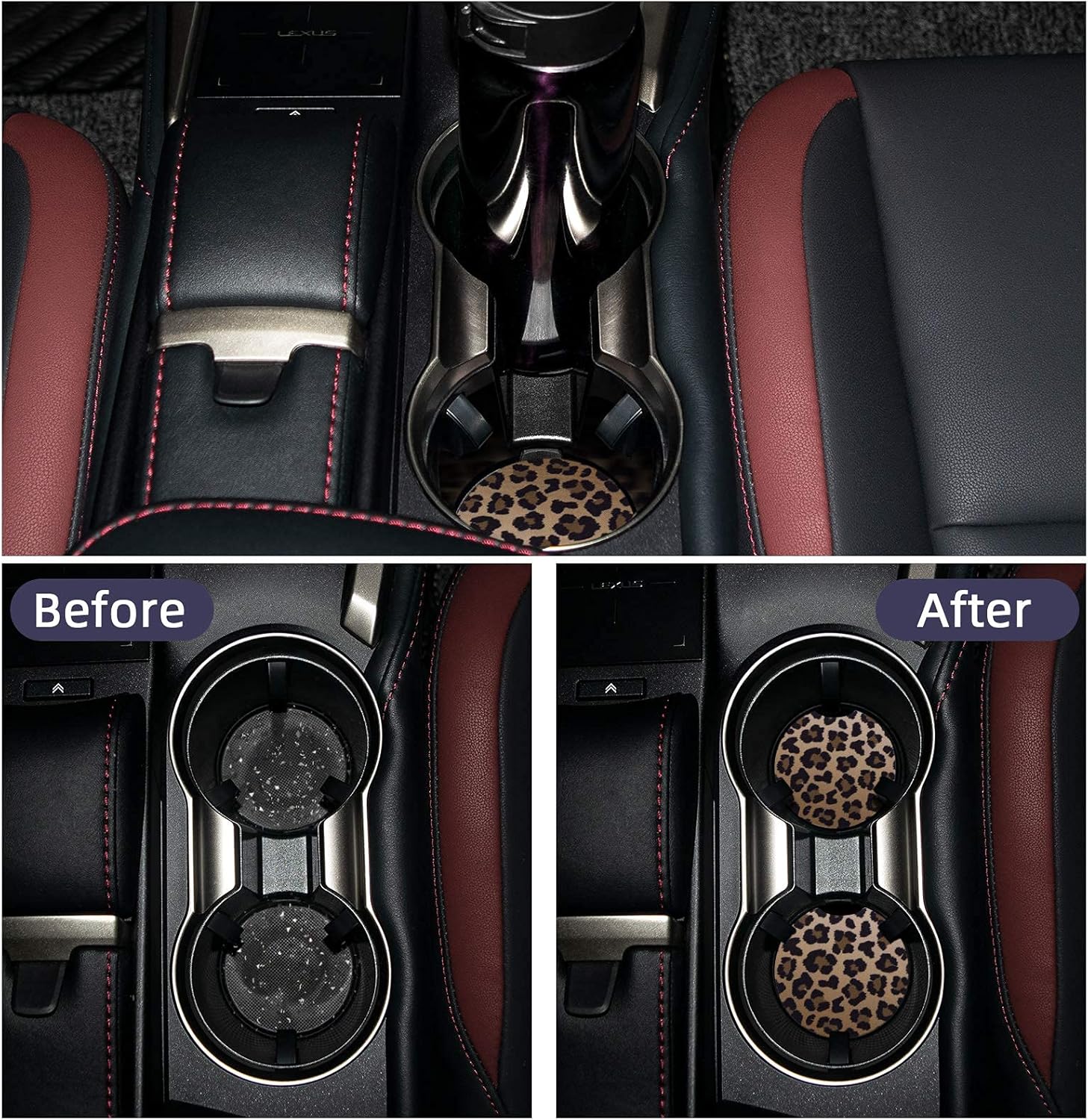 lifeegrn Car Coasters, Car Cup Holder Coasters, 2.76 Inches Car Coasters for Cup Holders, Anti Slip Removable Universal Neoprene Drinks Absorbent, Car Coasters for Women(Leopard 2 Packs): Automotive