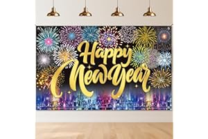 REDWORD Happy New Year 2026, Happy New Year Banner 71x44 Inch New Years Backdrop Reusable New Years Eve Party Supplies 2026 with Fireworks Pattern for New yea r Photo Booth Background Party Decorations