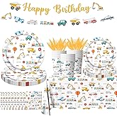 Transportation Birthday Party Supplies,142Pcs Transportation Paper Plates and Napkins Set for Table Decorations Truck Theme Party Decorations for Boy Birthday,Baby Shower Party