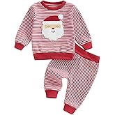 KtwHarnu Toddler Baby Boy Girl Christmas Outfit Santa/Christmas Tree Striped Waffle Knit Long Sleeve Sweatshirt and Pants Set