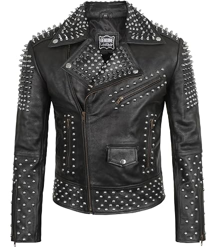 III-Fashions Mens Studded Spiked Skull Rockstar Biker Black Real