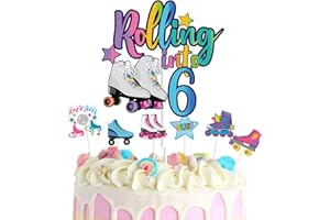 WINPOGEE 7Pcs Rolling into 6 Theme Cake Toppers Sets Roller Skate Happy 6th Birthday Themed Set Cake Decoration Girls Club Rolling 6 Years Old Supplies Girls Retro Colorful Hip Hop