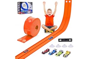 FUTESI 15 Ft Flexible Race Car Track for Kids, Double-Sided Racetrack with Suction Cups, Compatible with Hot Wheels & 1:64 Diecast Cars,Portable Roll Up Track Toy,Gift for Boys Girls Ages 3+ (Orange)