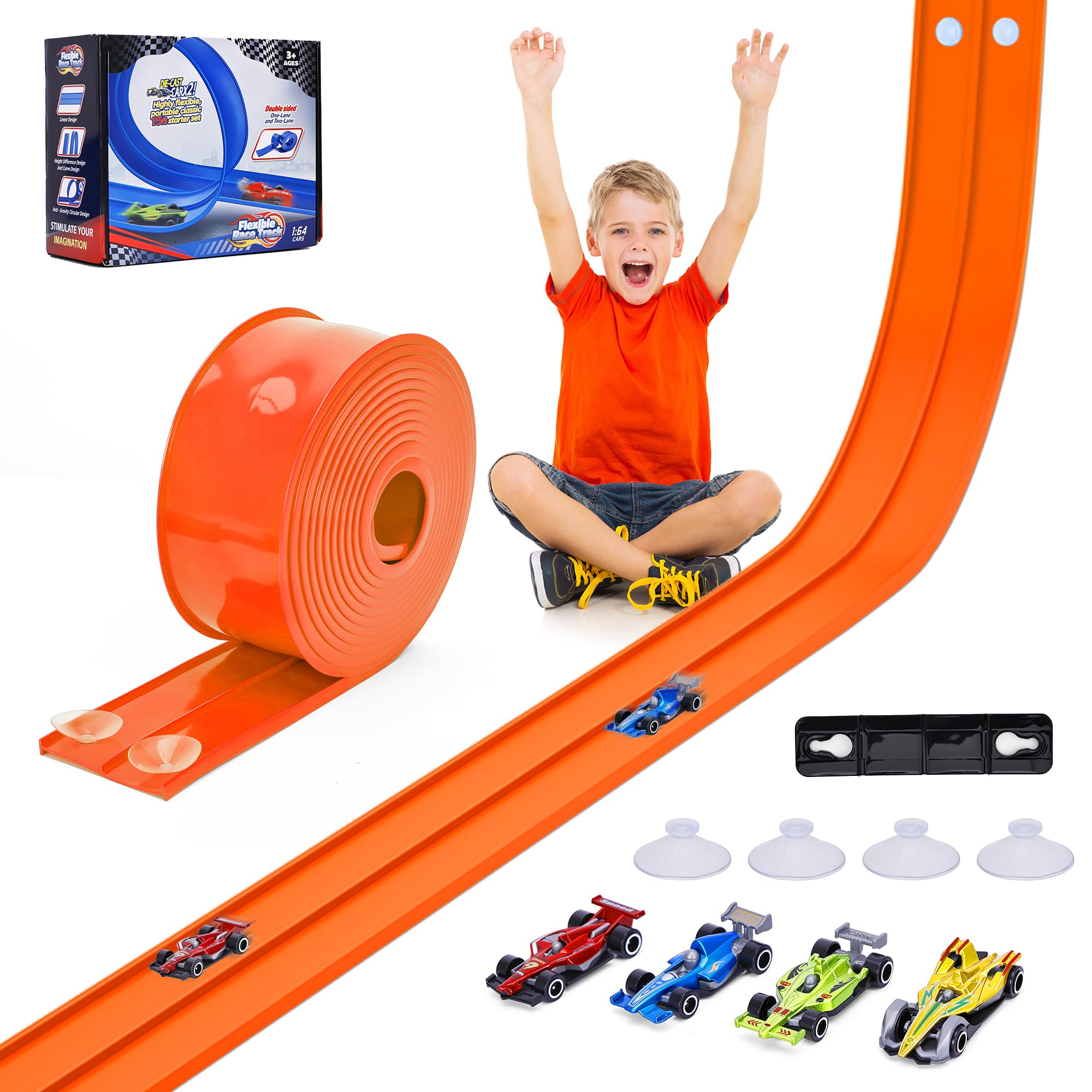 4.5m Flexible Race Car Track for Kids, Double-Sided Racetrack and Dual Racetrack,Compatible with 1:64 Diecast Cars, Portable Roll Up Track Toy for 3 4 5 6 7 8 Year Old Boys (Orange) — image 1