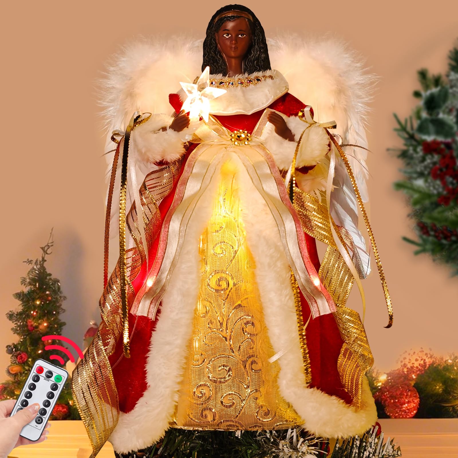Photo 1 of [Timer & Black Angel ] 12 Inch Black Angel Christmas Tree Topper, African American Christmas Decorations Angel Tree Topper with 10 LED Lights and White Feather Wings for Home Xmas Treetop Decorations