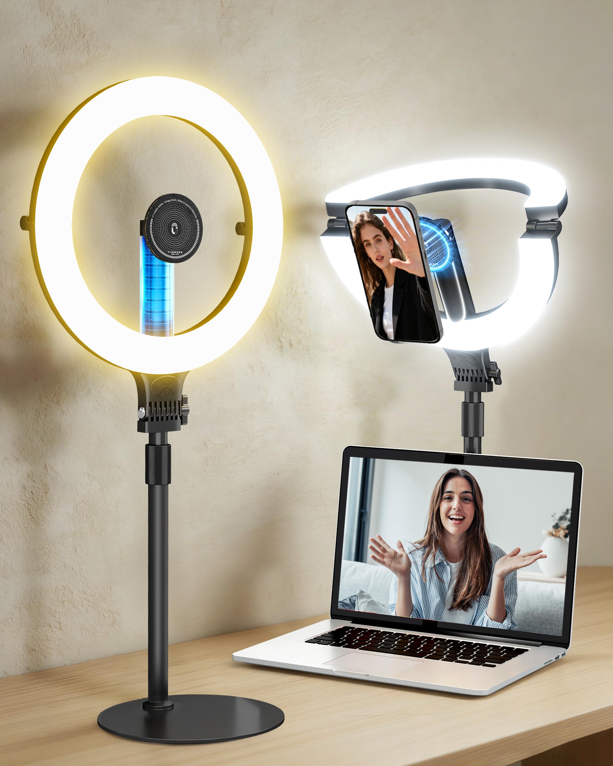 NiceVeedi 10.2” Magnetic Desk Ring Light with Stand, 5000mAh Rechargeable Desktop Ring Light for Phone，3 Color Foldable Selfie Light for Live Stream/Makeup/TikTok/YouTube/Photography/Zoom/Vlogging