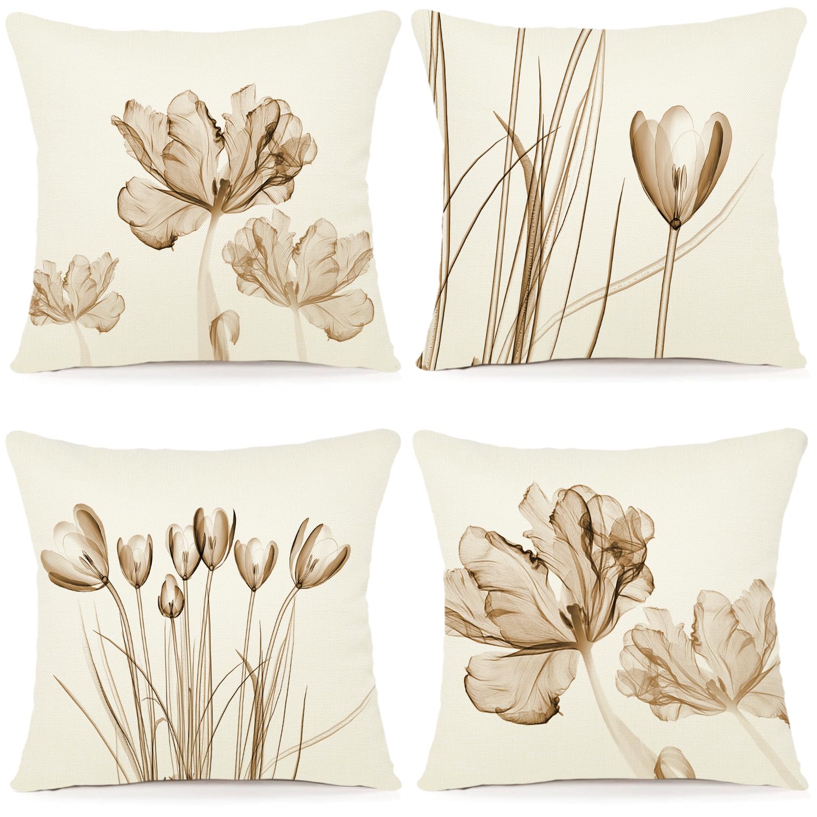 ZWJD Decorative Linen Cushion Cover 60x60 Set of 4 Floral Watercolor Painting Cushion Covers for Sofa Bedroom Sofa Outdoor Cushion 60x60 A248-24 — image 1