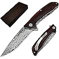ALBATROSS 7" Ball Bearing Assisted Opening Pocket Knife - Red Sandalwood Handle & Modern Damascus Steel Blade - Premium Folding Knife with Gift Box - HGDK023