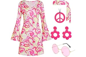 Deerjoke 60s 70s Disco Outfit Hippie Costume Women, 1970 Style Clothes Dress Peace Sign Accessories Jewelry Halloween