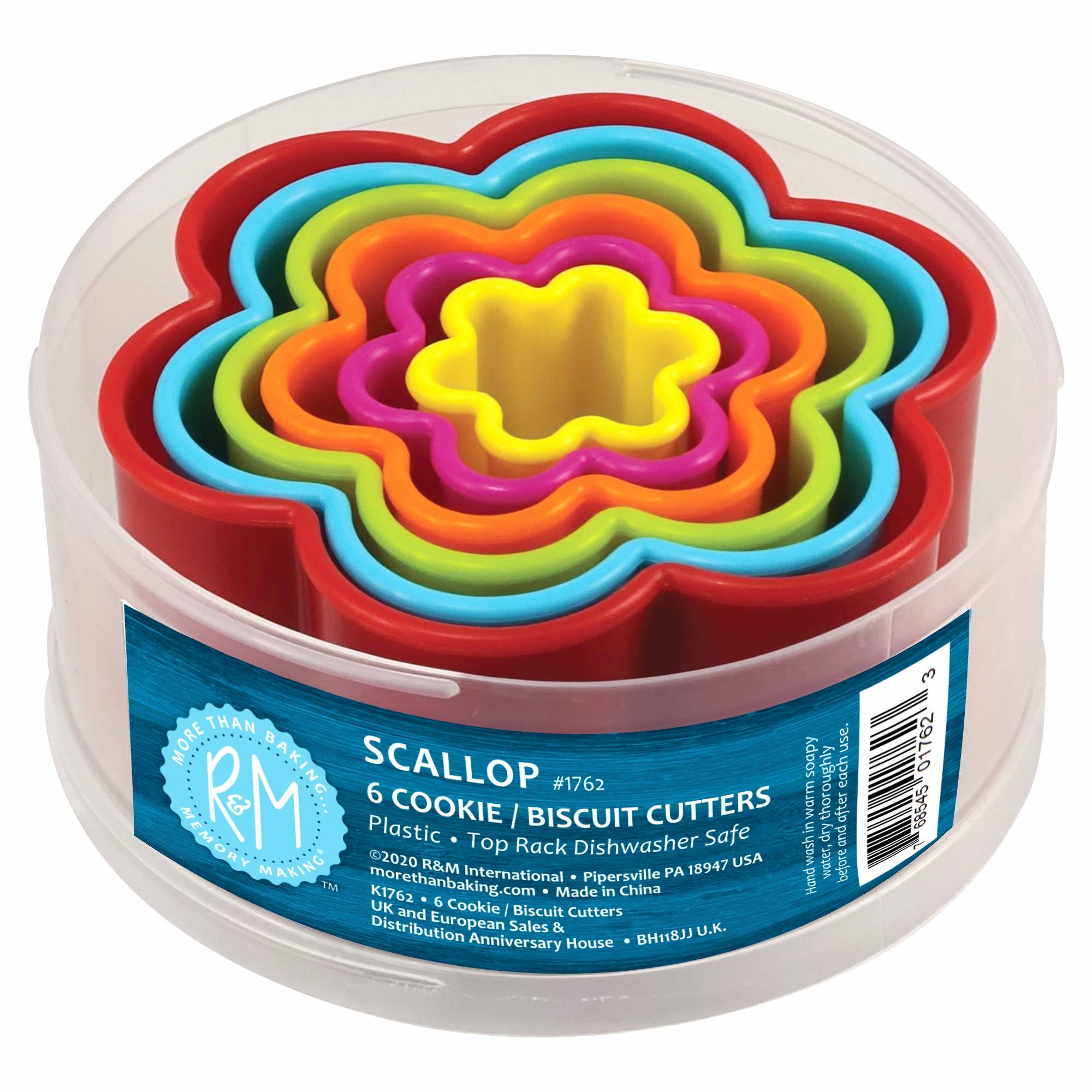 R&M International Scallop Flower Cookie and Biscuit Cutters, Assorted Sizes, Bright Colors, 6-Piece Set