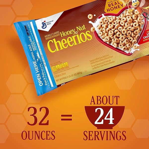 HONEY NUT CHEERIOS HEART HEALTHY BREAKFAST CEREAL, GLUTEN FREE CEREAL WITH WHOLE GRAIN OATS, VALUE BAG, 32 OZ