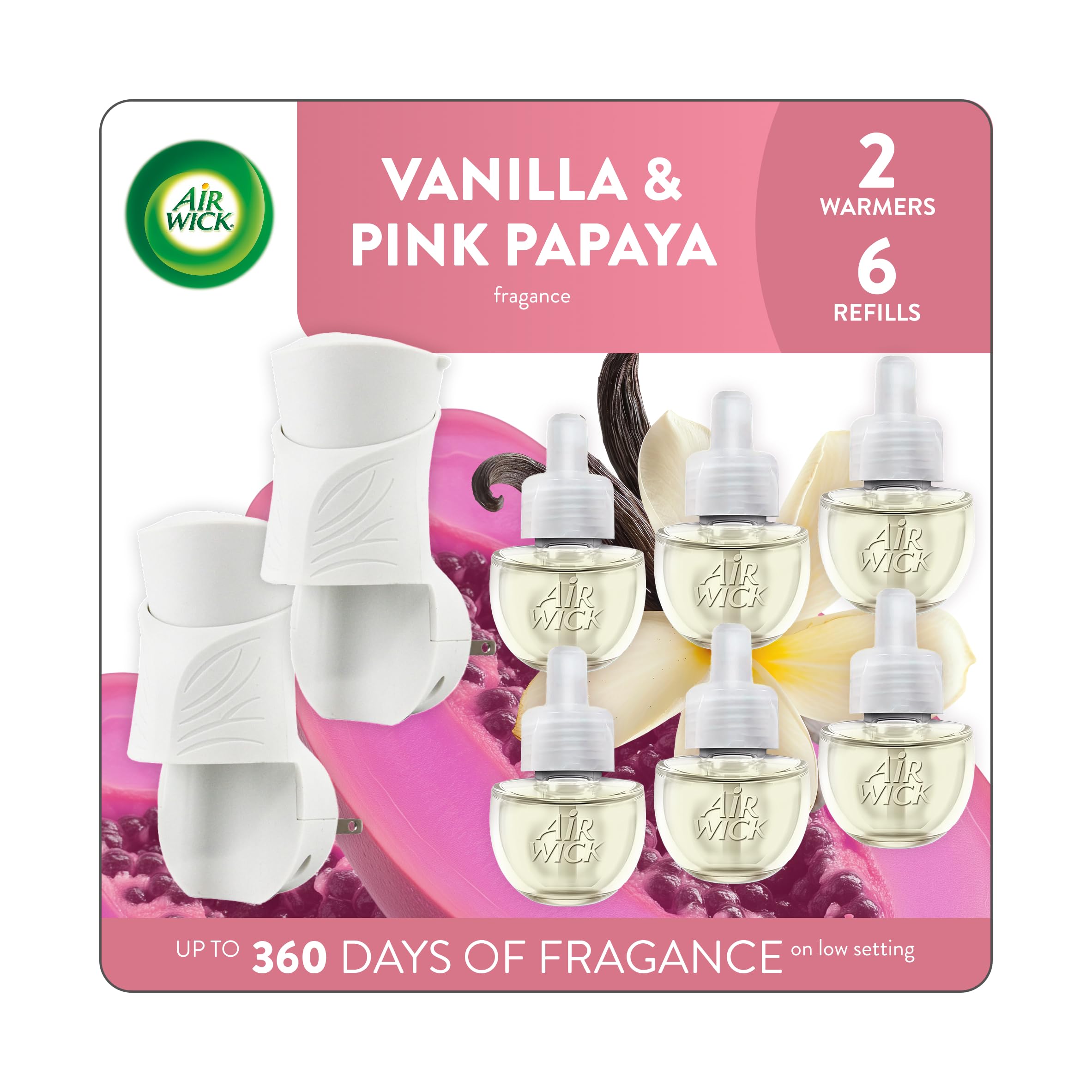 View 1 of Air Wick Plug In Scented Oil Starter Kit, 2 Warmers + 6 Refills, Vanilla & Pink Papaya, Essential Oils, Air Freshener