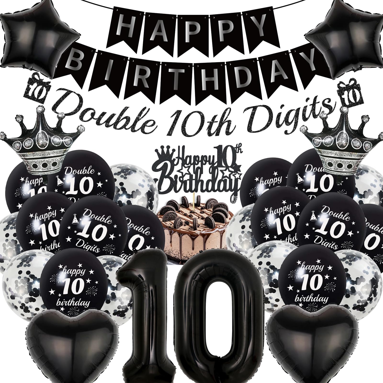 Photo 1 of 10th Birthday Decorations Boys Black - 31 Pcs Double 10th Digits Party Decoration with Banners Star Hearts Number Latex Foil Balloons Cake Topper for Boy 10 Birthday Party Supplies
