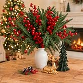 Xuhal 47 Pcs Christmas Table Decorations, Indoor Xmas Tiered Tray Decor | Christmas Table Centerpiece with Norfolk Pine Needle, Red Berry Stem, Mini Xmas Tree, Gold Reindeer, for Indoor Holiday Decor