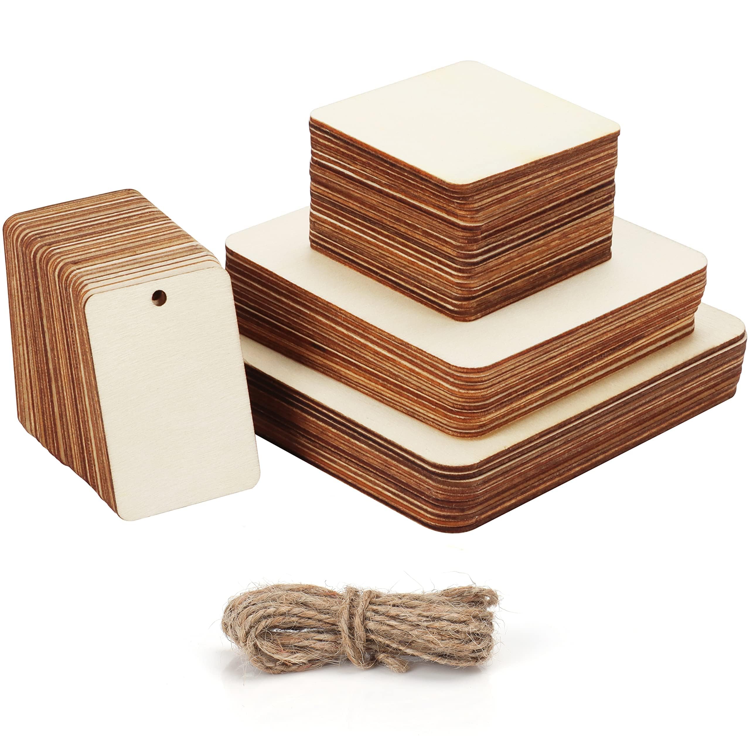 Belle Vous 66 Pieces Unfinished Blank Wood Pieces - 4 Sizes Natural Wooden Cutouts with Twine - Plain Coaster Slices for DIY Arts/Crafts, Painting, Pyrography/Wood Burning and Decorations