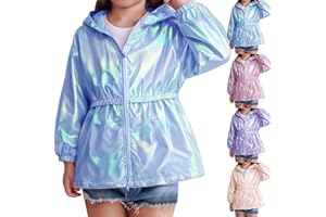 Girls Rain Jacket Gradient Iridescent Hooded Jacket Waterproof Thin Raincoat with Linner Kids Glitter Spring Outwear